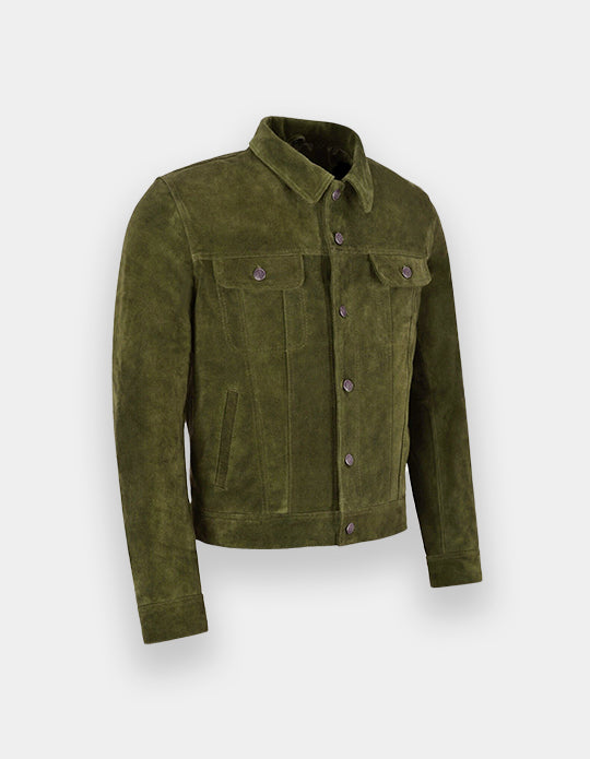 Men's Olive Green Suede Leather Shirt - Handmade Cowhide Jacket Shirt, Trucker Suede Jacket